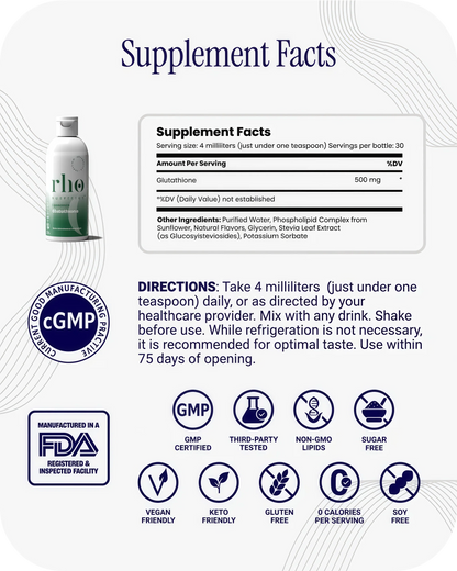 Rho Nutrition Liposomal Glutathione - Ultra High Absorption Liquid Glutathione Supplement - Supports Natural Detoxification, Immune System, Skin Health, Mental Clarity & Overall Well-Being